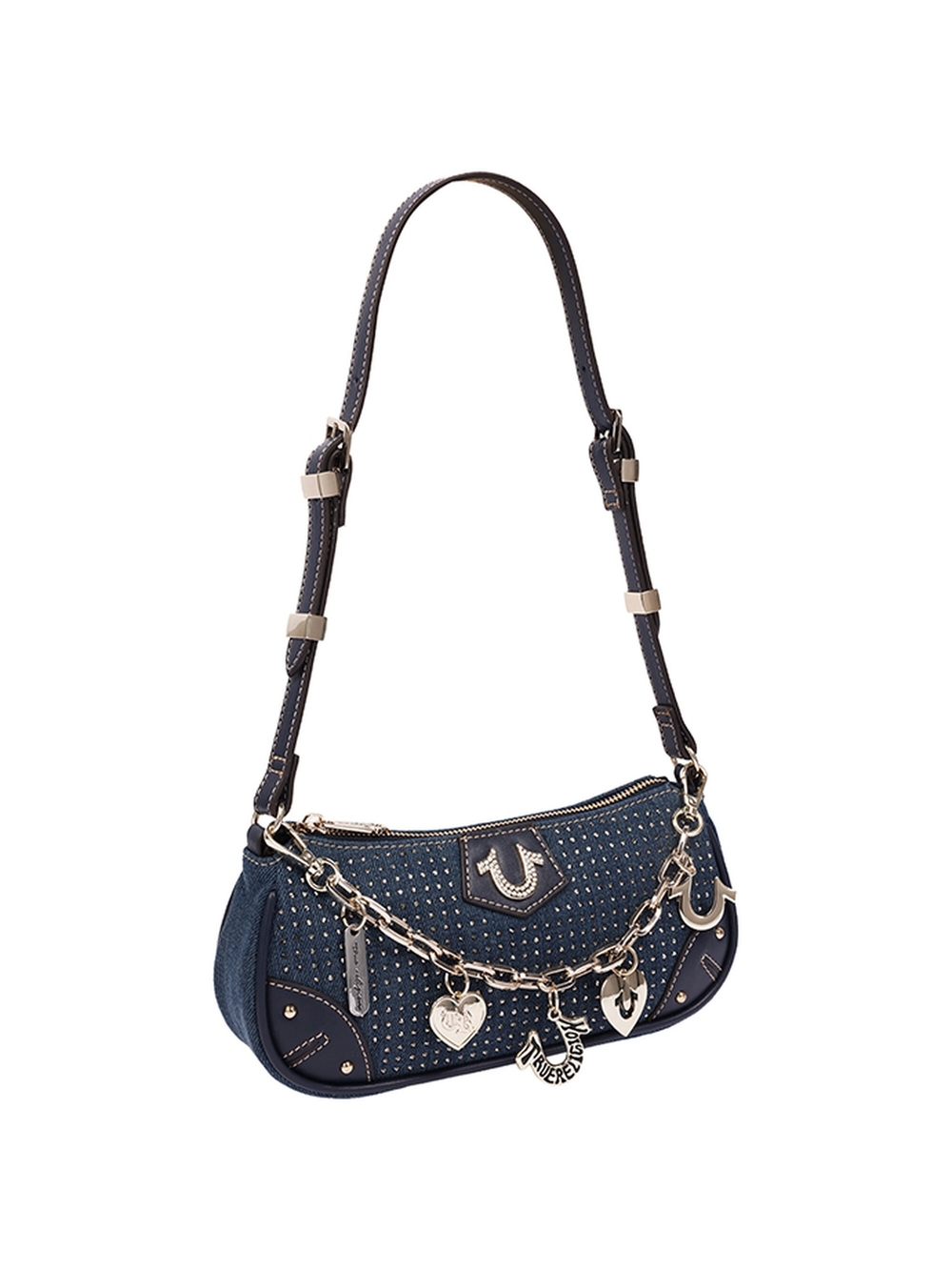 True Religion Navy Studded Mini Shoulder Bag with Charm Chain